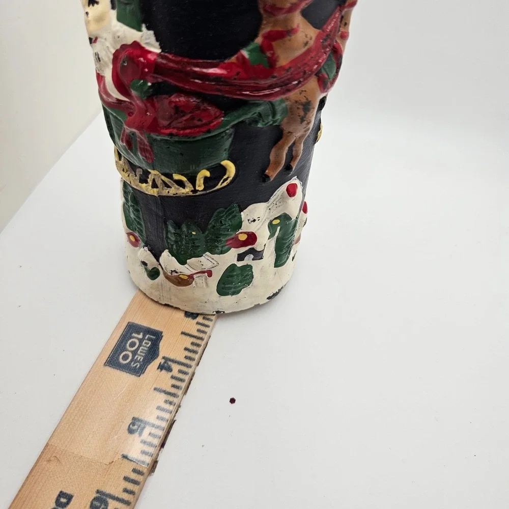 Vintage Hand Decorated Christmas Pillar Candle Santa Reindeer Moon Carved Wax 7